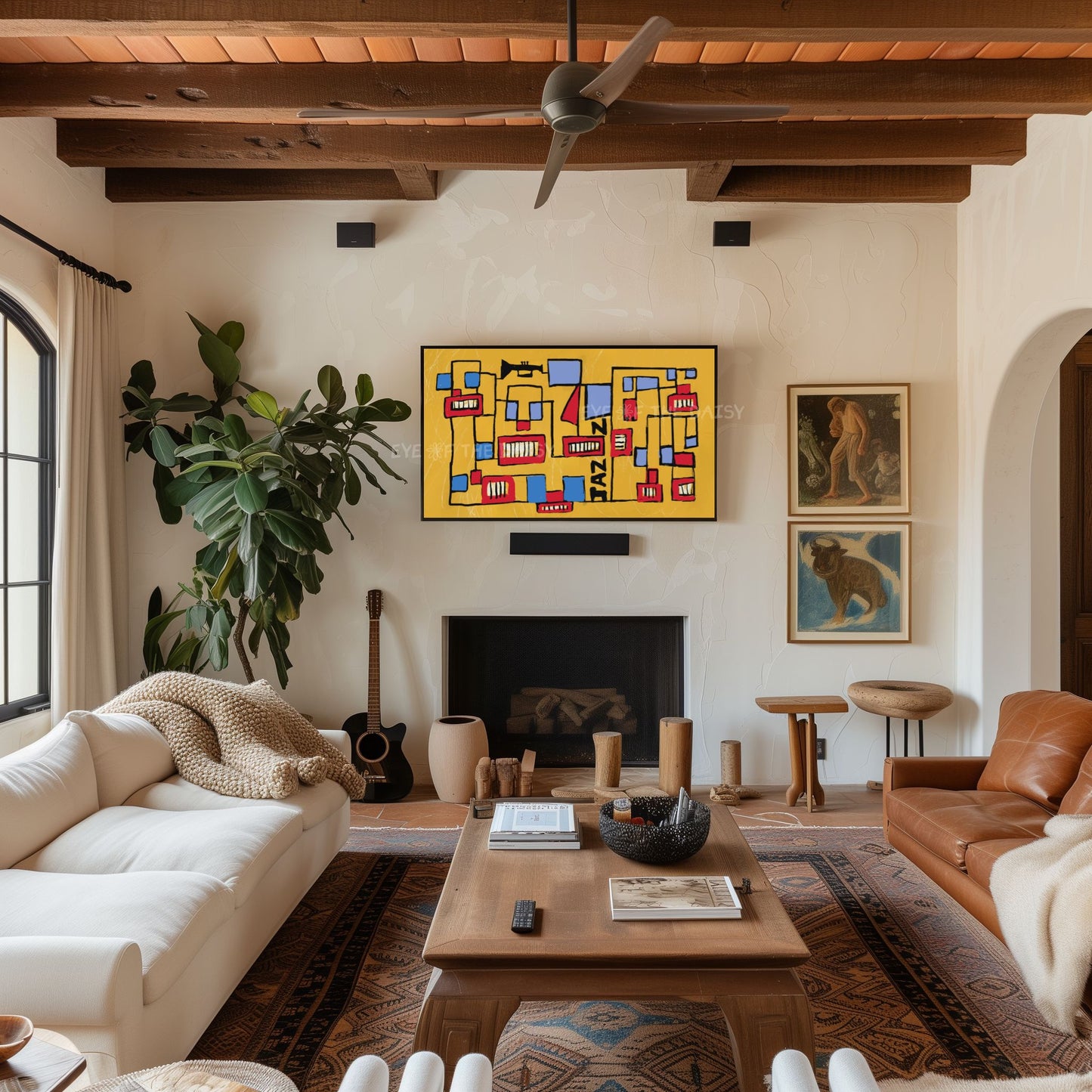 Mustard Red Blue Mid Century Modern 4K TV Art | Jazz Vibrant Line Art for TV Screen 4K