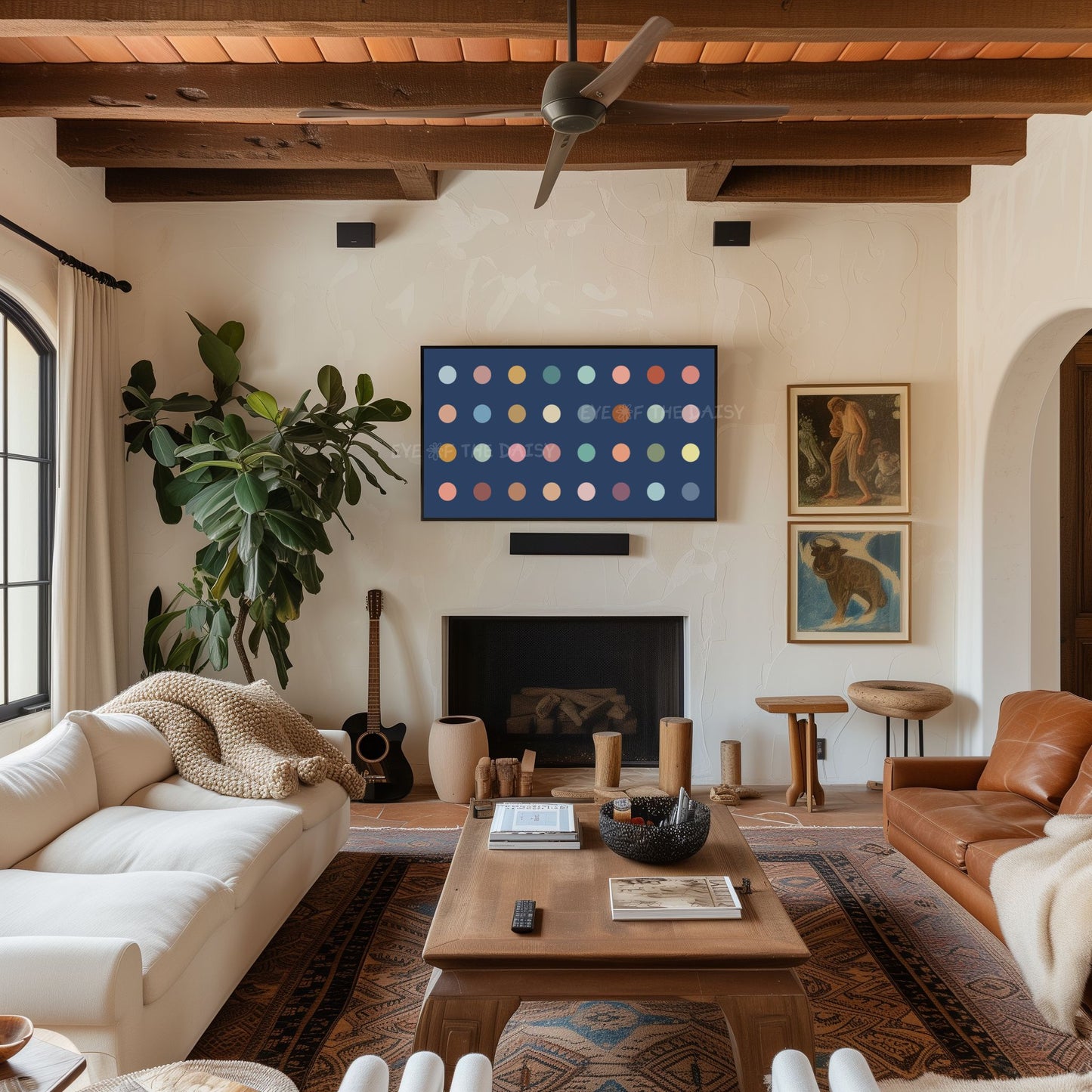 Navy Blue & Pastel Polkadot 4K TV Art | Minimal Colourful Art for TV Screen 4K