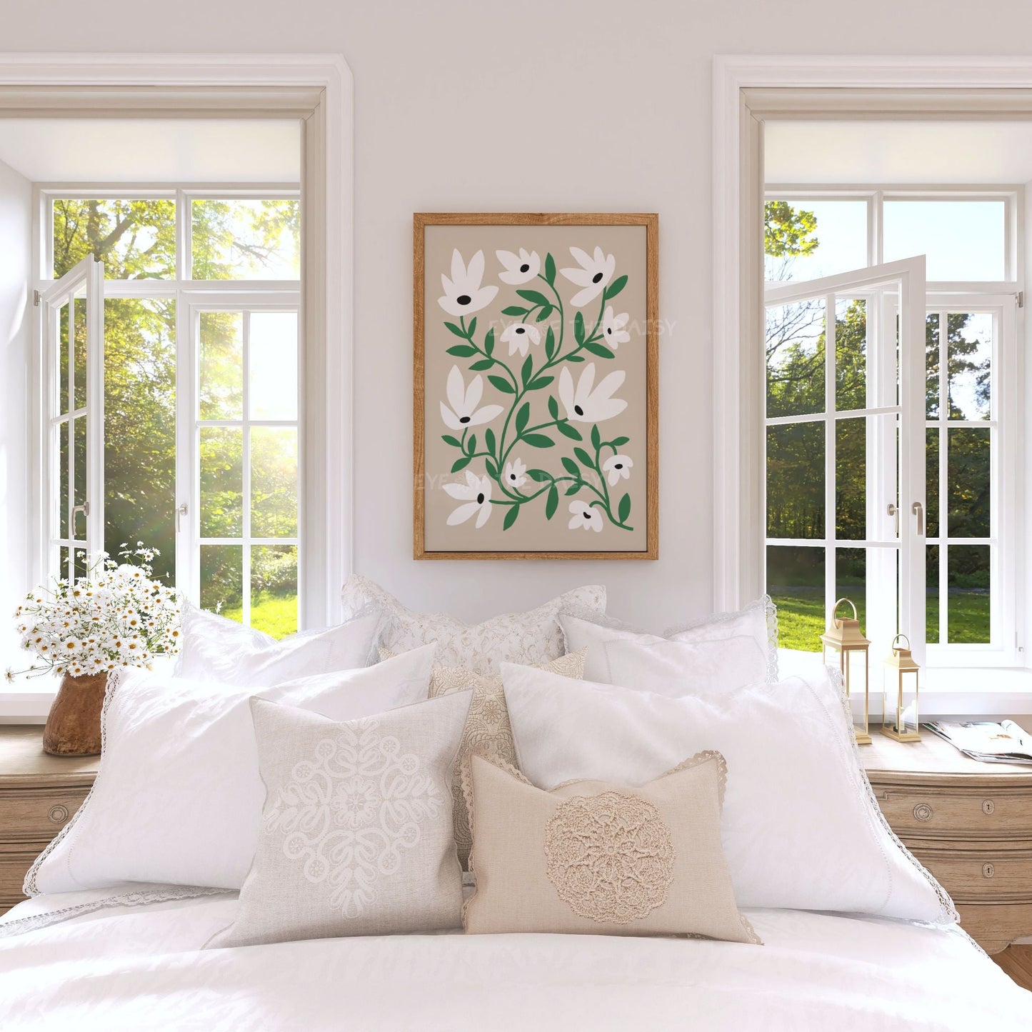 Scandi neutral abstract floral poster, printable white and green flowers for neutral bedroom or hallway decor