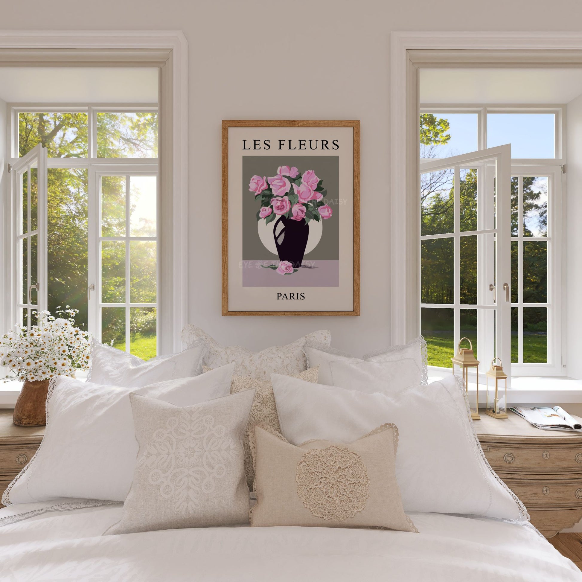 Vintage pink rose vase print download — Les Fleurs exhibition floral poster perfect for romantic bedrooms or chic DIY wall decor