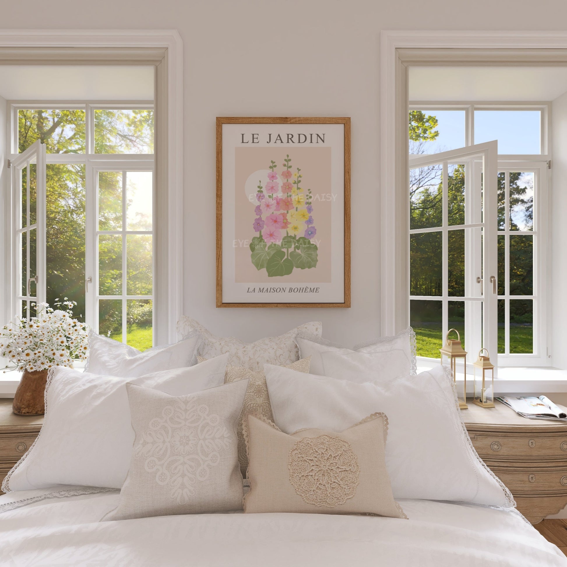 Hollyhock flower wall art print download — pastel exhibition poster perfect for romantic bedrooms, coquette decor, or a nursery 