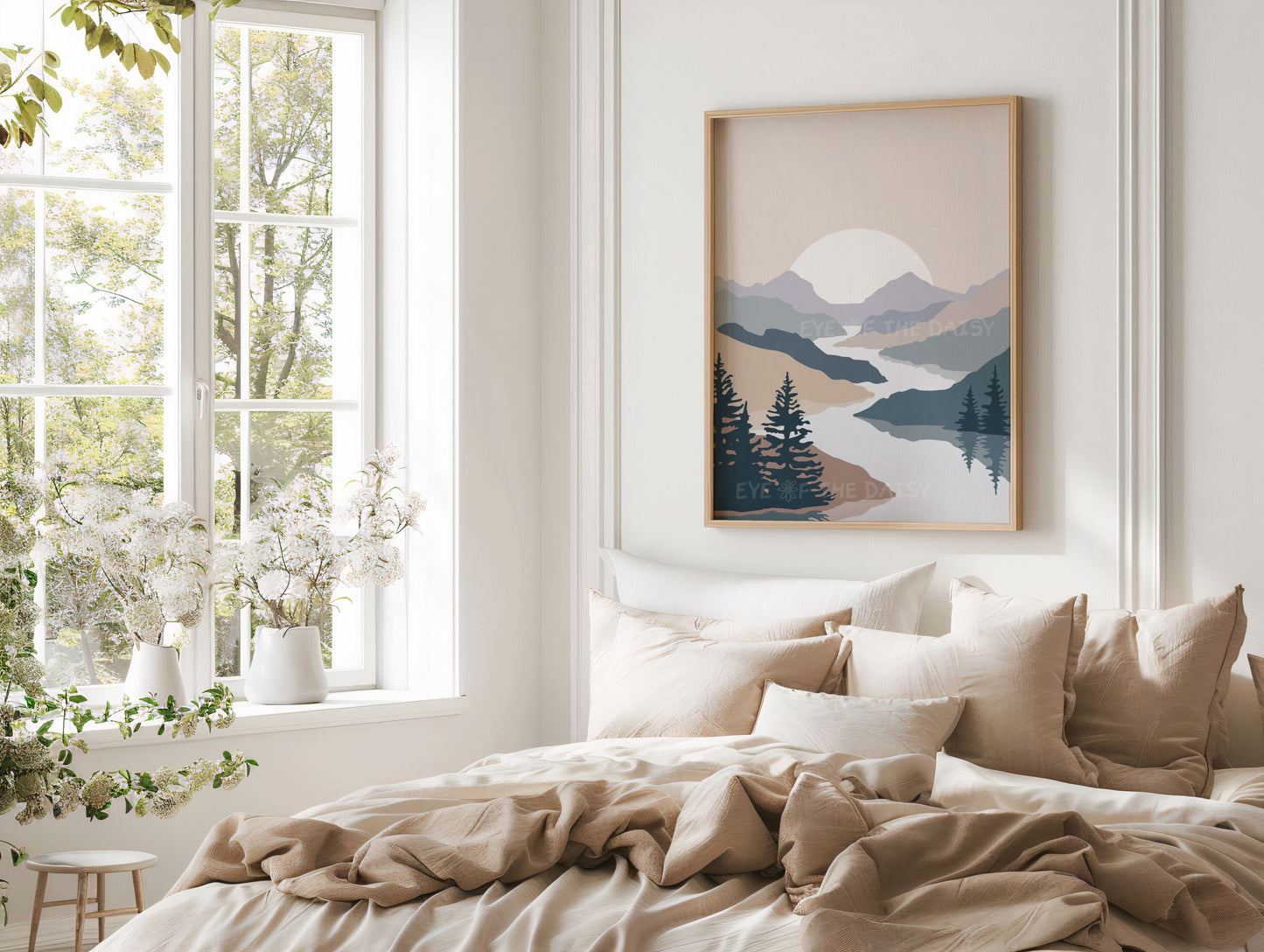 Nature wall art set of 2 – calming lake and tree landscape prints in navy and taupe, digital download for vacation rental wall decor