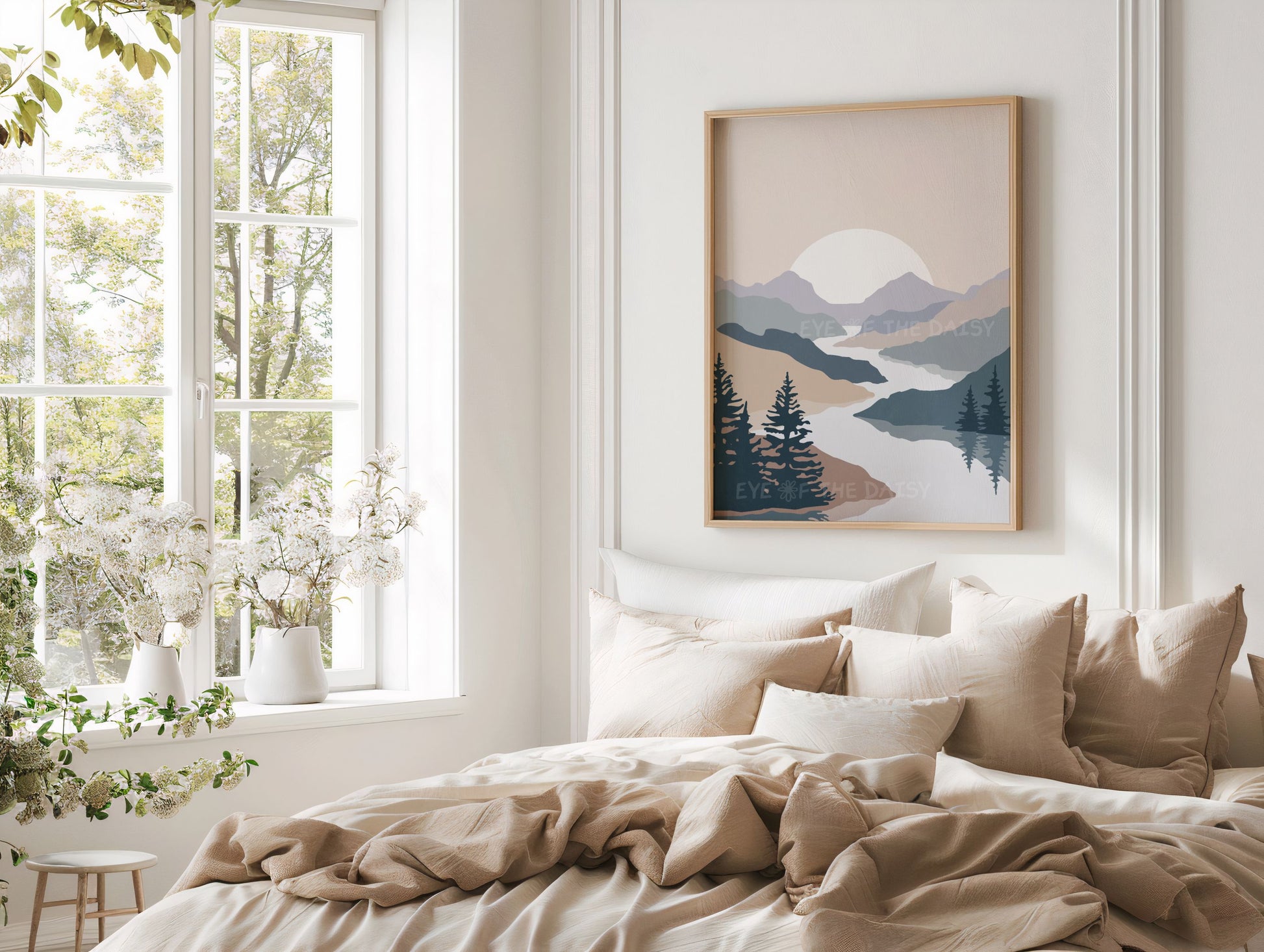 Nature wall art set of 2 – calming lake and tree landscape prints in navy and taupe, digital download for vacation rental wall decor