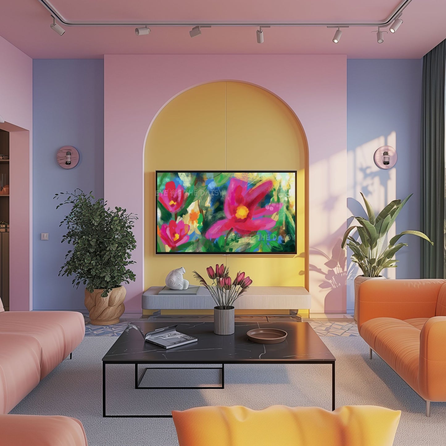 Vibrant Abstract Floral 4K TV Art | Bright Pink Yellow Green Contemporary Flowers 4K TV Art