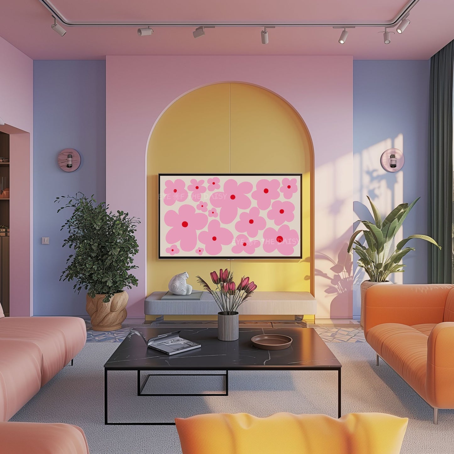 Pink Boho Floral 4K TV Art | Pink Beige Retro Daisy Flowers TV Artwork 4K