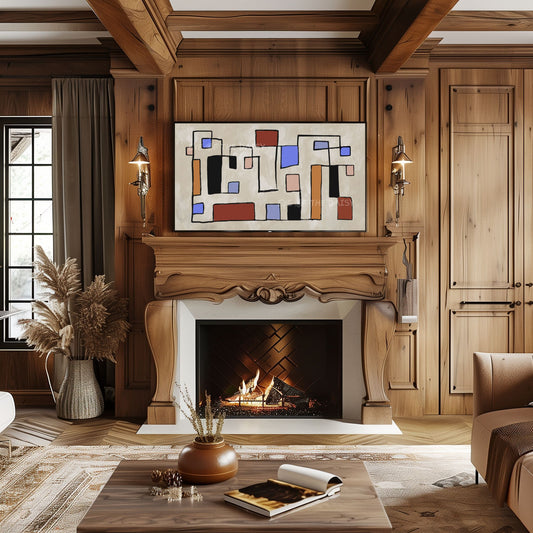 Mid Century Modern Abstract Line Art for TV 4K | Terracotta Beige Blue Boho 4K TV Art