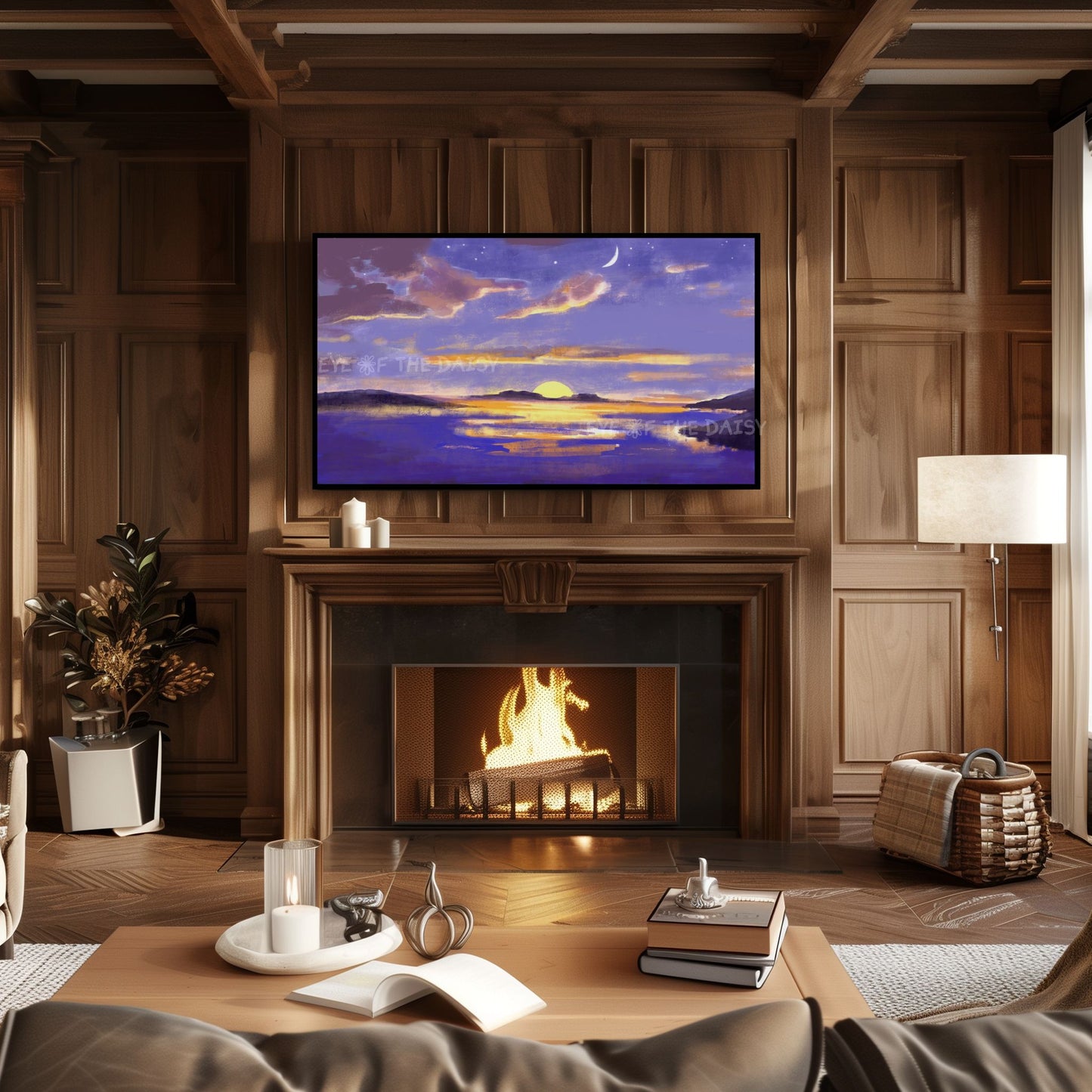 Abstract Moonlit Seascape 4K TV Art | Purple Yellow Coastal Landscape TV Art 4K