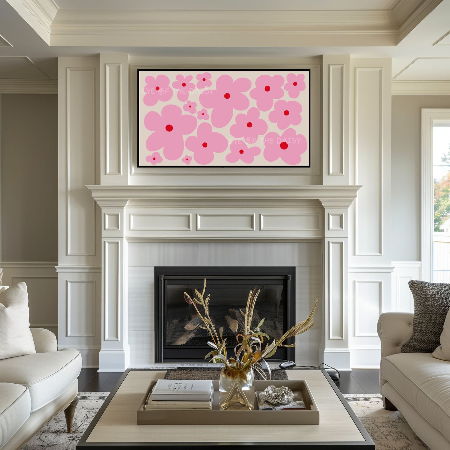 Pink Boho Floral 4K TV Art | Pink Beige Retro Daisy Flowers TV Artwork 4K