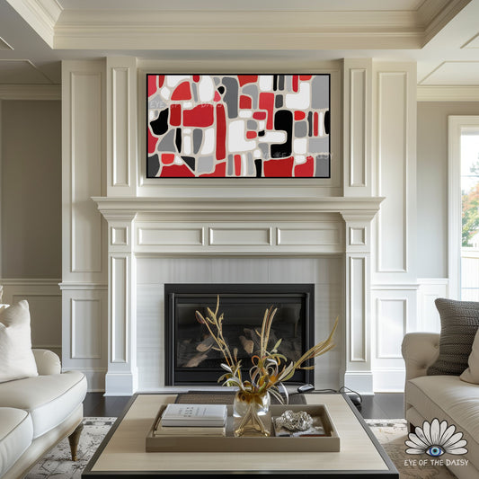 Hand drawn abstract geometric 4K TV art in bold red black grey, contemporary TV screen decor