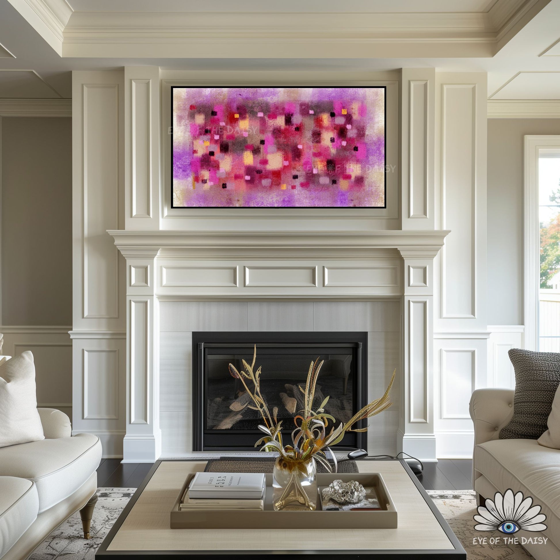 Abstract expressionist 4K TV screen art for Autumn, purple burgundy mustard hand drawn digital download