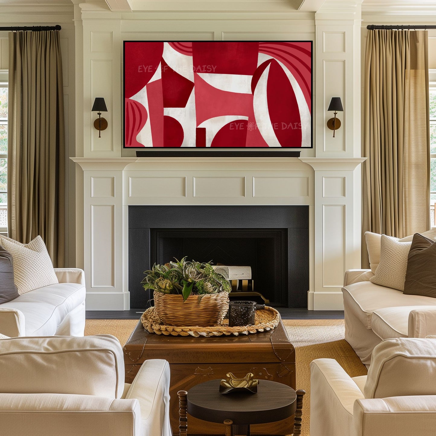 Maroon Beige Mid Century Modern 4K TV Art | Dark Red Geometric Abstract Art for TV Screen