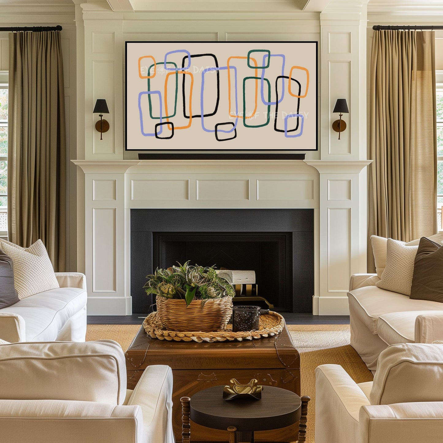 Mid Century Line Abstract 4K TV Art | Beige Mustard Blue Retro Art for TV Screen