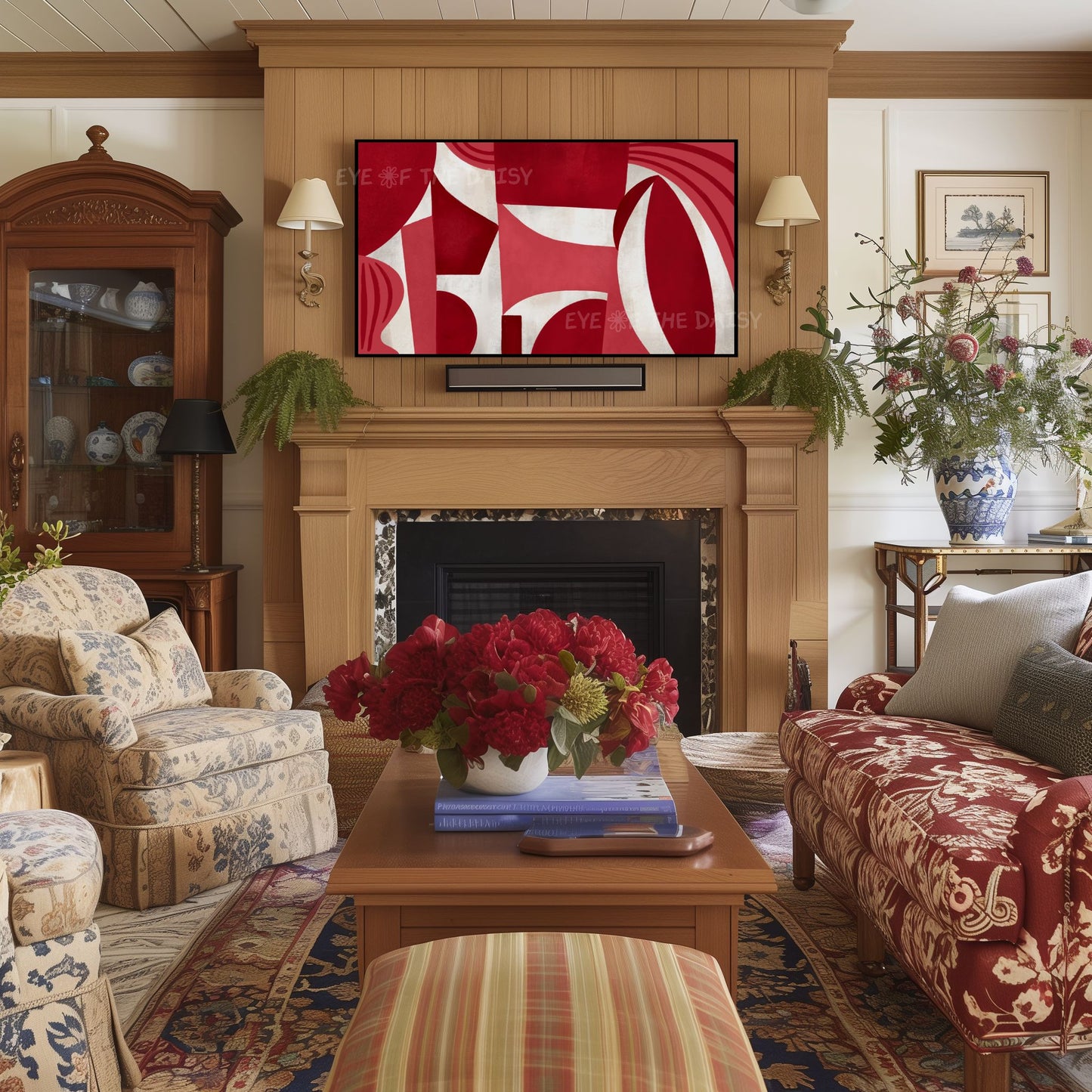 Maroon Beige Mid Century Modern 4K TV Art | Dark Red Geometric Abstract Art for TV Screen