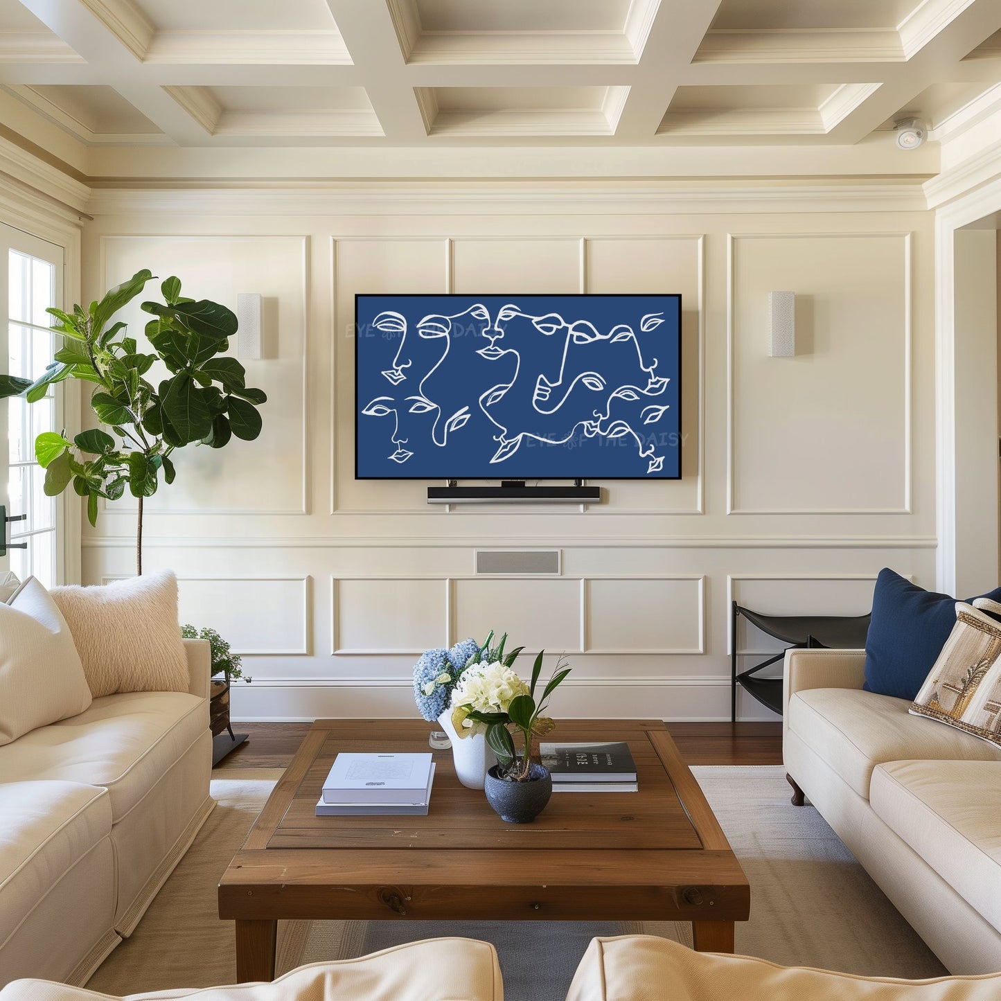 Navy Blue White Abstract Face 4K TV Art | Eclectic Face Line Art for TV Screen