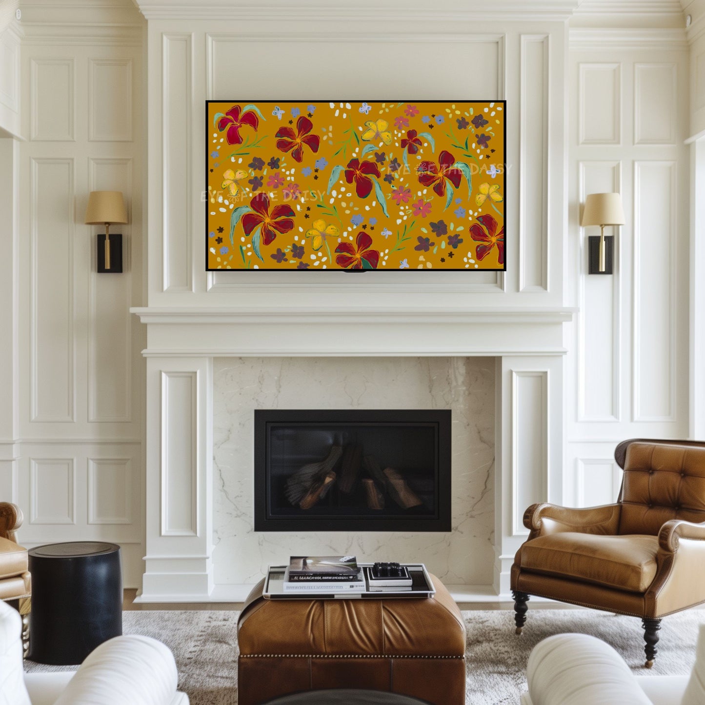 Mustard Yellow Maroon Abstract Floral 4K TV Art | Gold Flower Pattern 4K Art for TV Screen