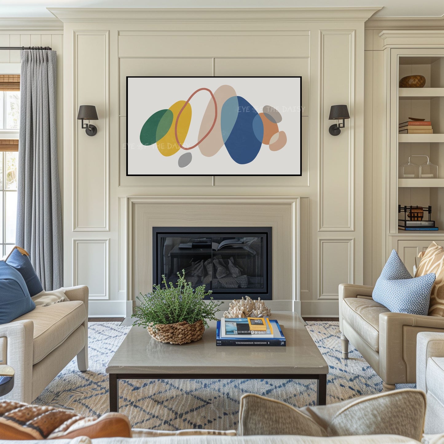 Blue Mustard Yellow Green Abstract 4K TV Art | Minimal Organic Shapes Art for TV Screen