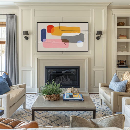 Mustard Blue Red Blush Pink Mid Century Modern 4K TV Art | Geometric Abstract TV Art 4K