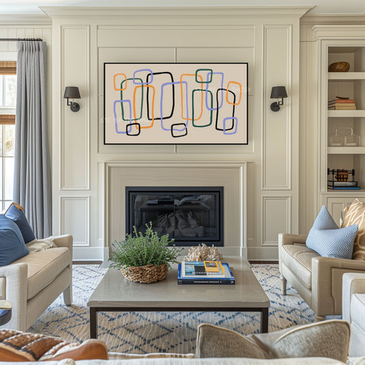 Mid Century Line Abstract 4K TV Art | Beige Mustard Blue Retro Art for TV Screen