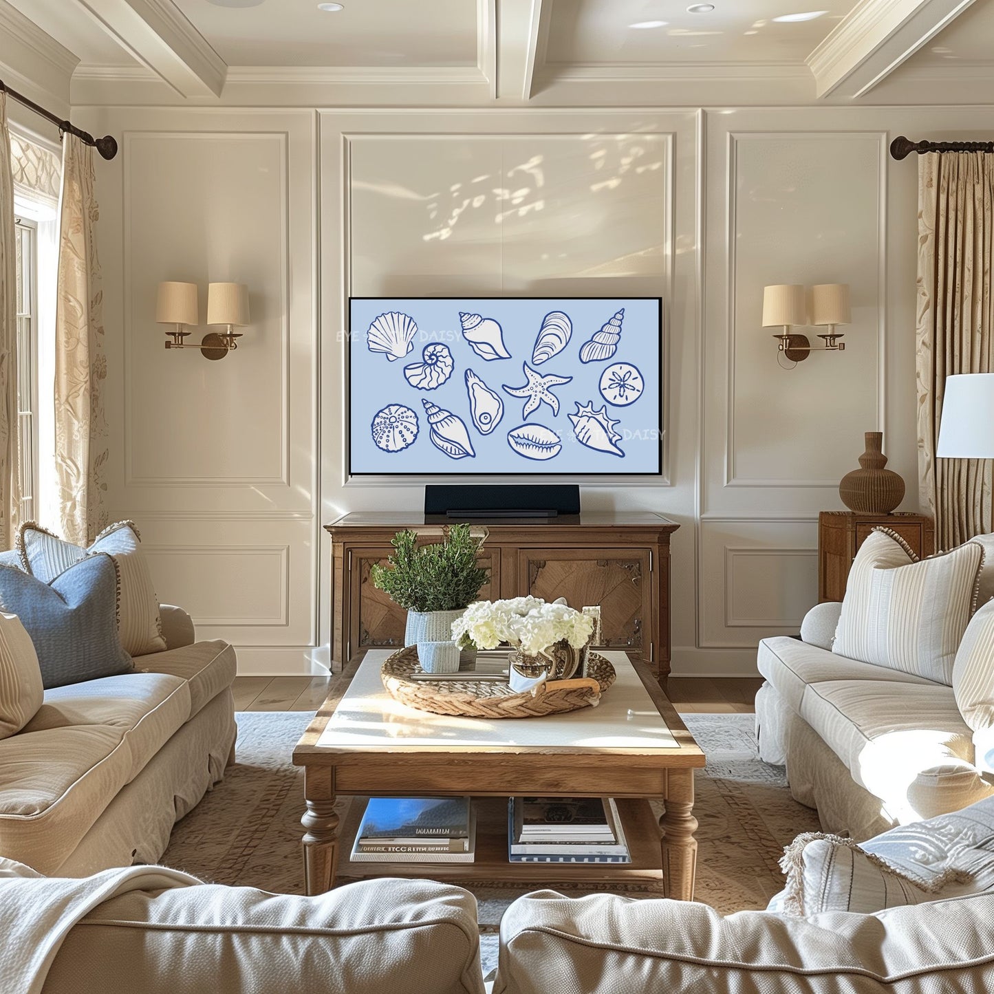 Pale Blue White Shells Sketch 4K TV Art | Modern Coastal Sea Shells TV Artwork 4K