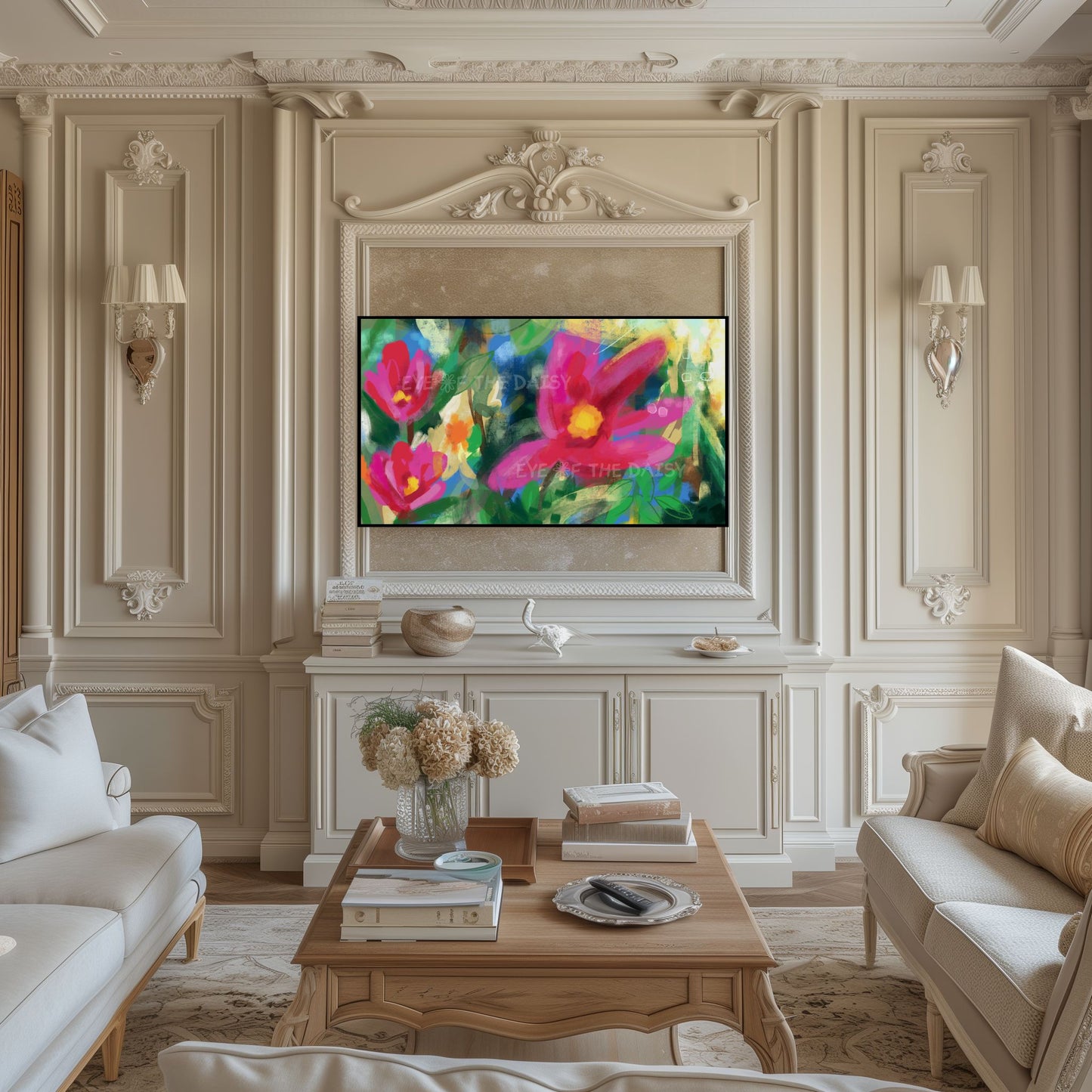 Vibrant Abstract Floral 4K TV Art | Bright Pink Yellow Green Contemporary Flowers 4K TV Art