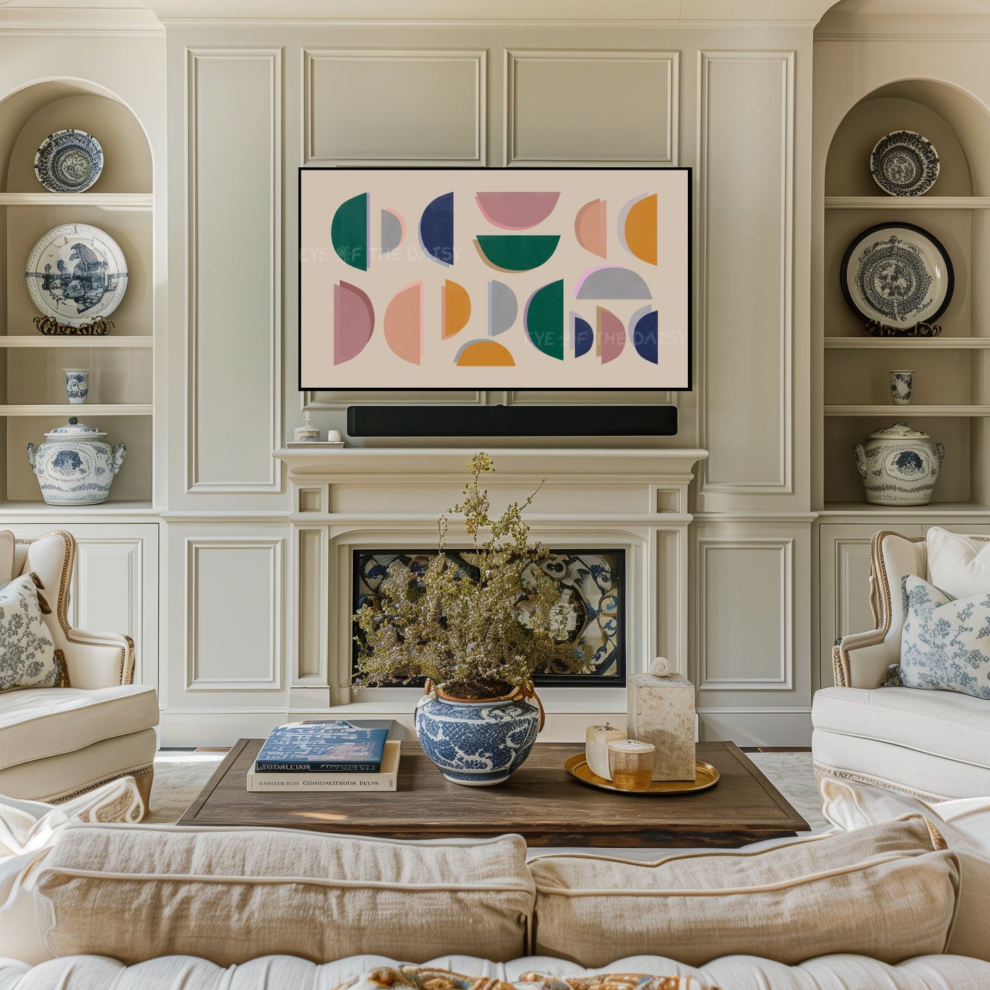 Mid Century Modern Semi-Circles 4K TV Art | Green Mustard Blush Pink Abstract TV Art 4K