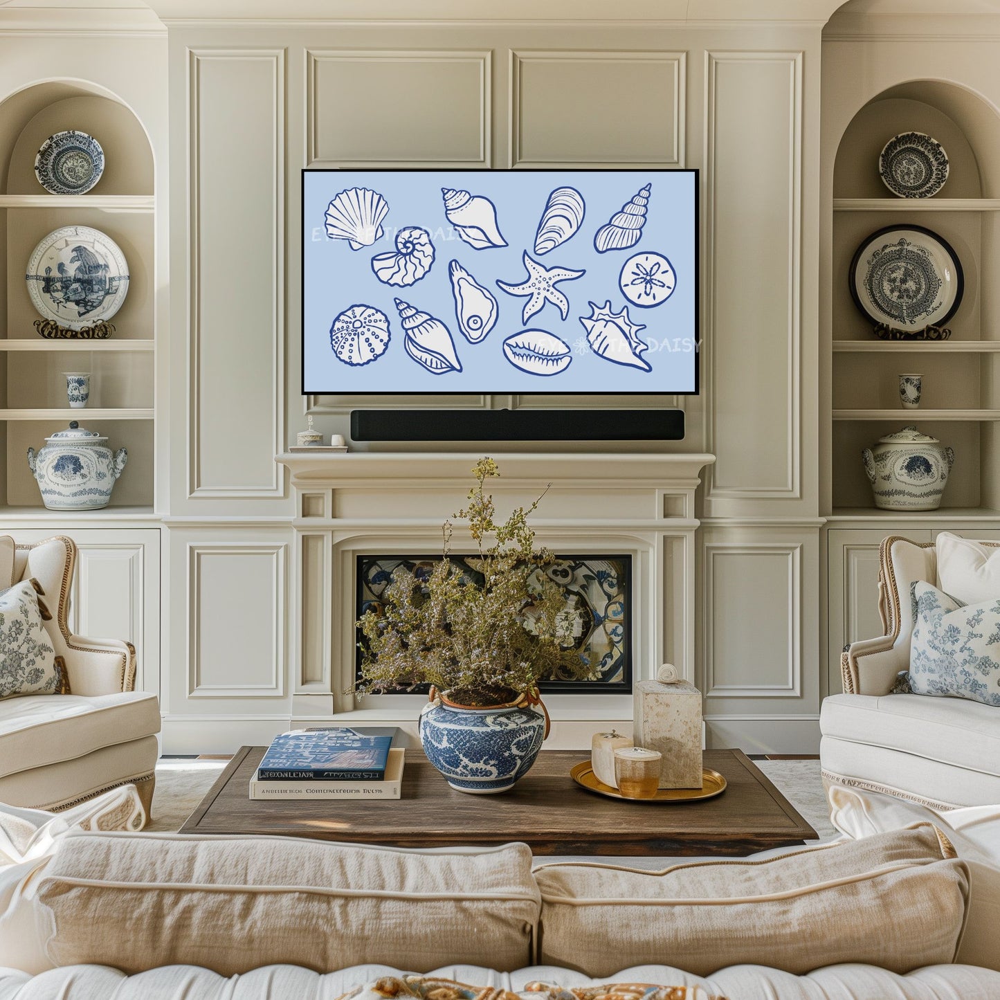 Pale Blue White Shells Sketch 4K TV Art | Modern Coastal Sea Shells TV Artwork 4K