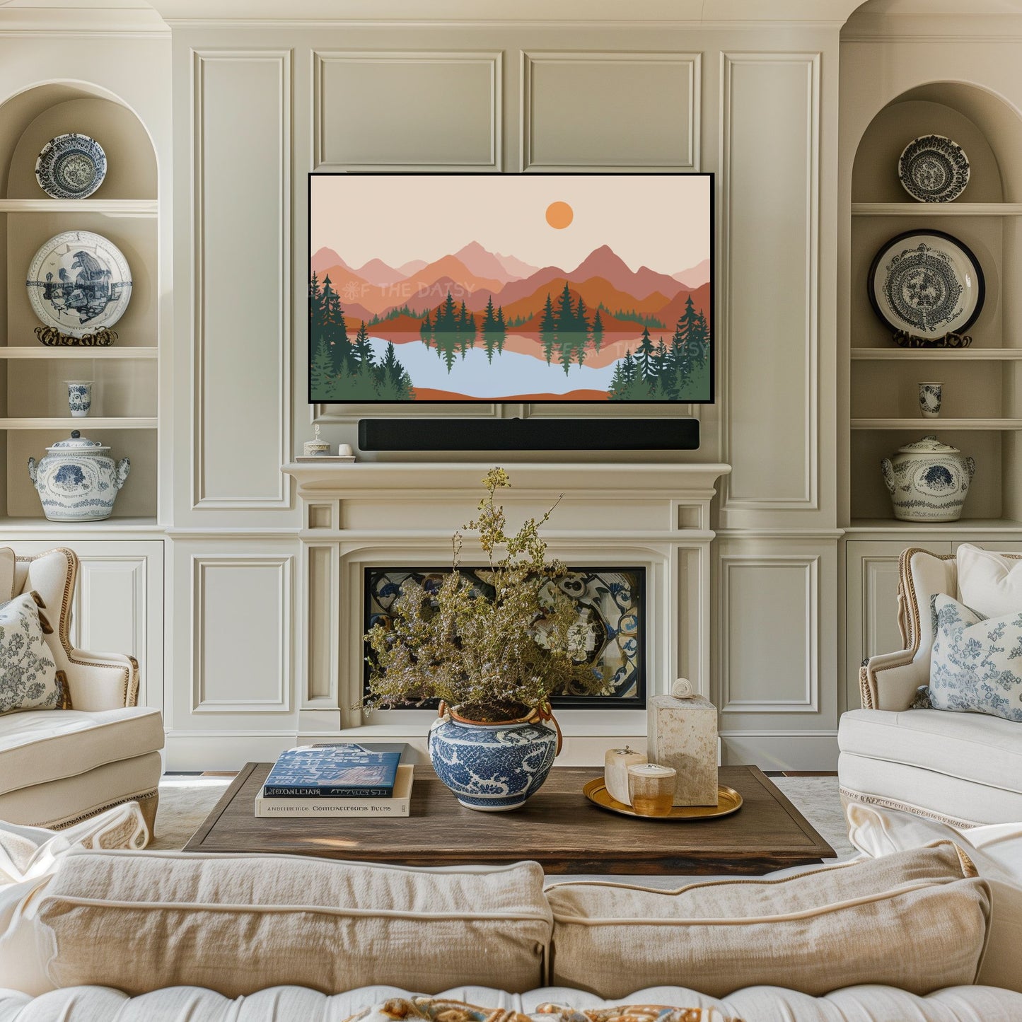 Boho Abstract Landscape 4K TV Art | Mid Century Modern Mountains Lake 4K TV Art