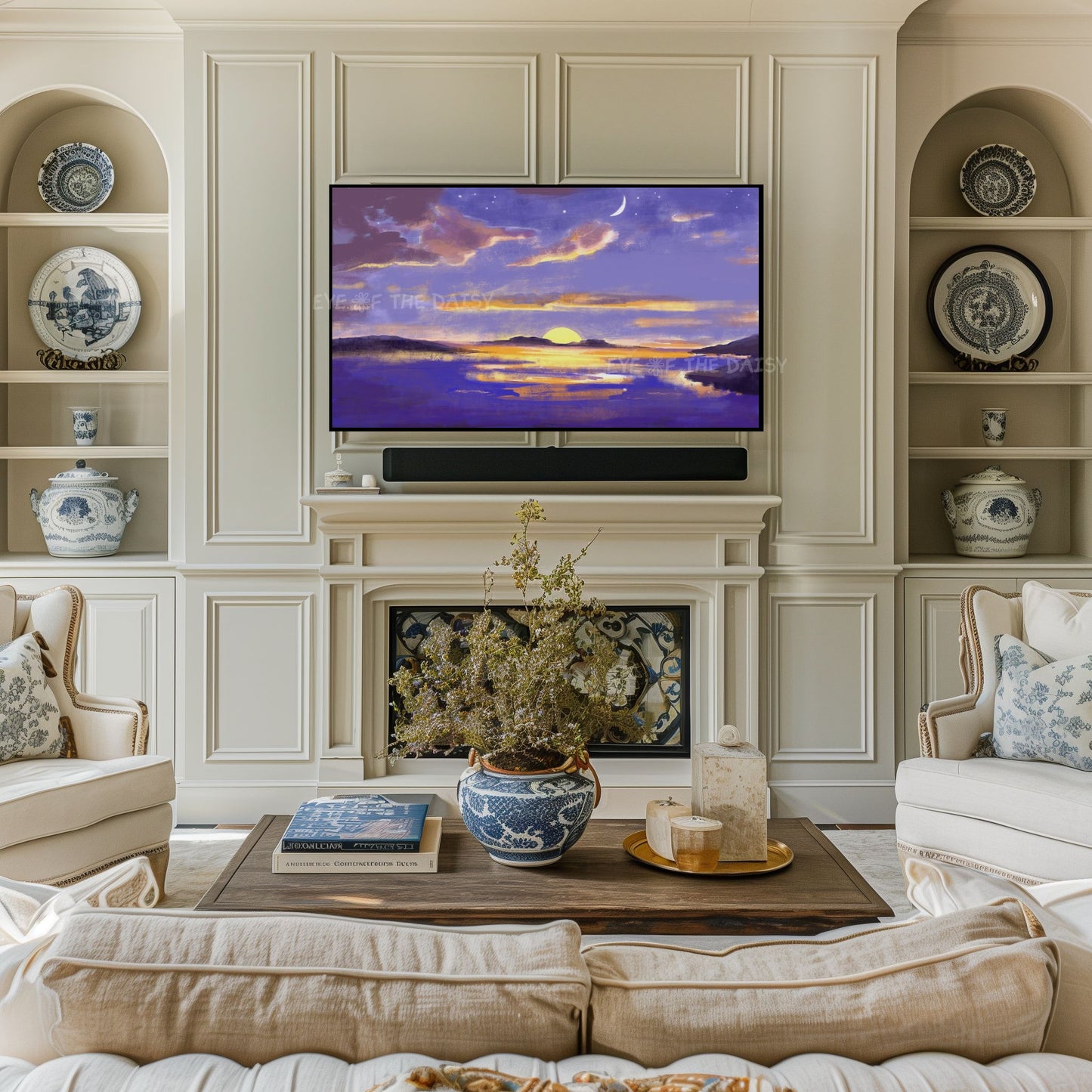 Abstract Moonlit Seascape 4K TV Art | Purple Yellow Coastal Landscape TV Art 4K