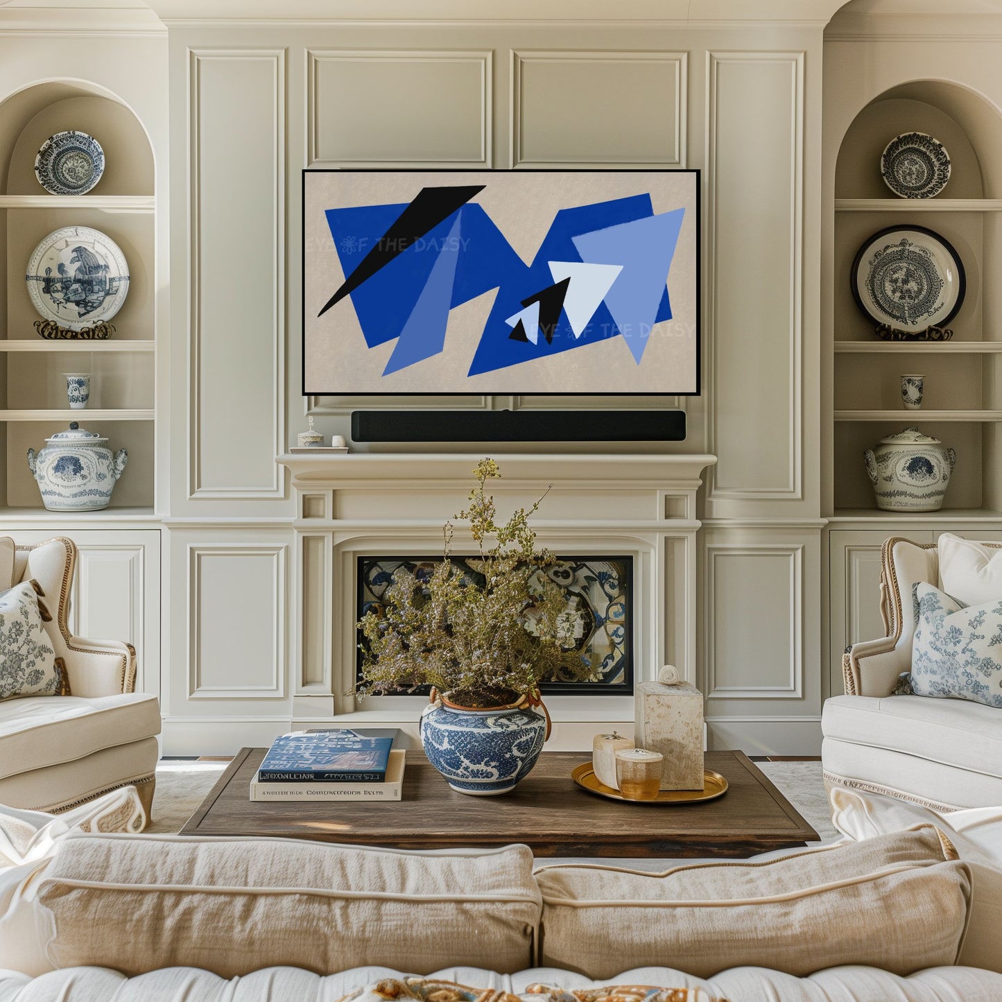 Royal Blue Beige Contemporary Abstract 4K TV Art | Modern Shapes Art for TV Screen