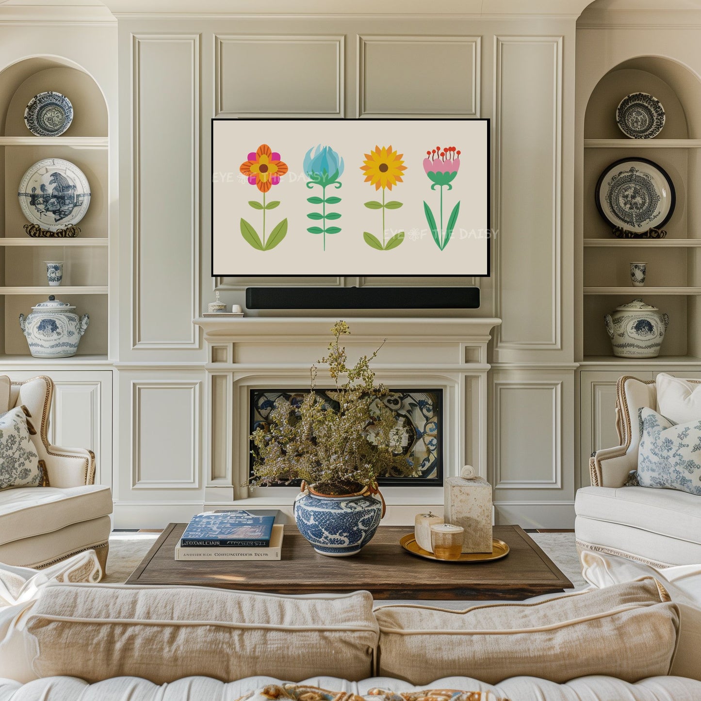 Nordic Folk Art Botanical 4K TV Art | Boho Colourful Scandi Flowers Art for Tv Screen 4K