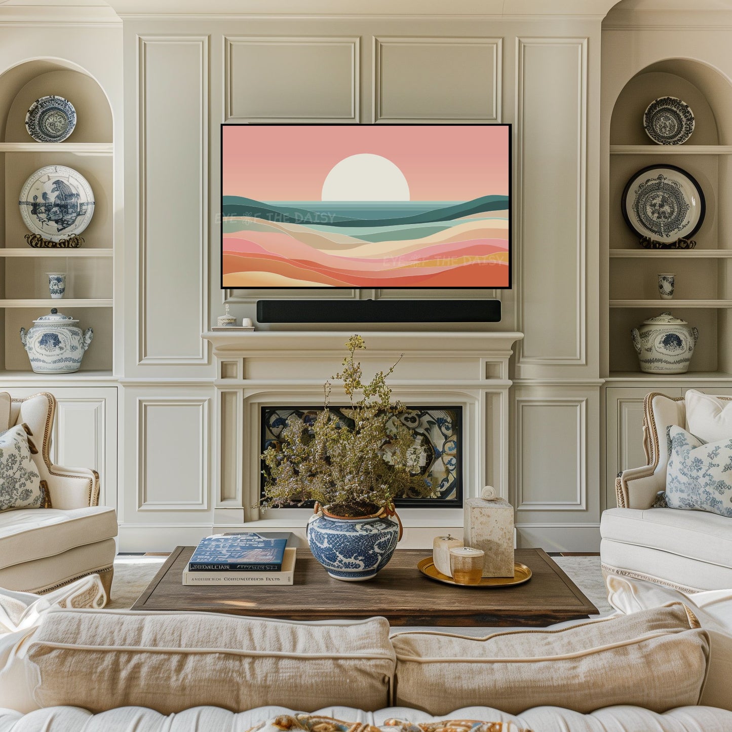 Pink Orange Teal Minimal Sea Sunset 4K TV Art | Mid Century Modern Coastal TV Art 4K