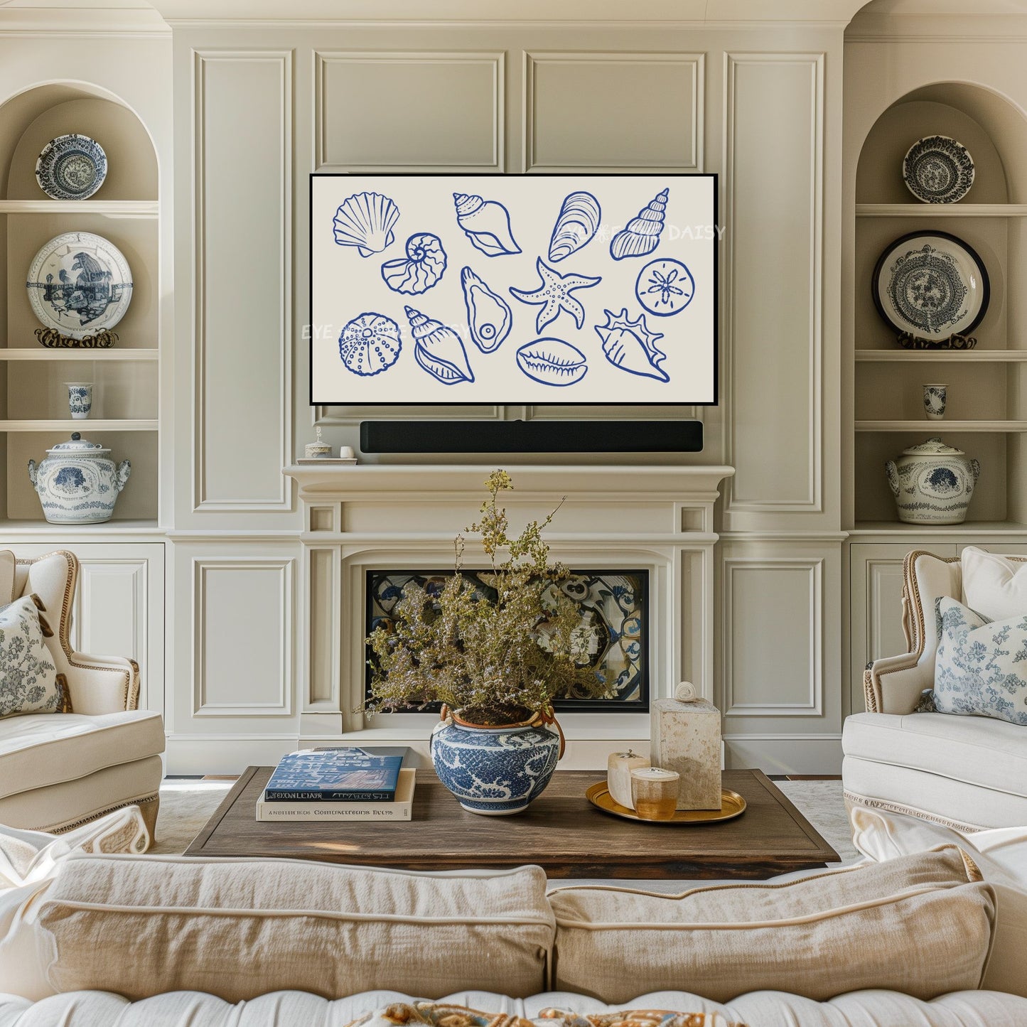 Navy Blue Beige Minimal Shells Sketch 4K TV Art | Modern Hamptons Coastal TV Artwork