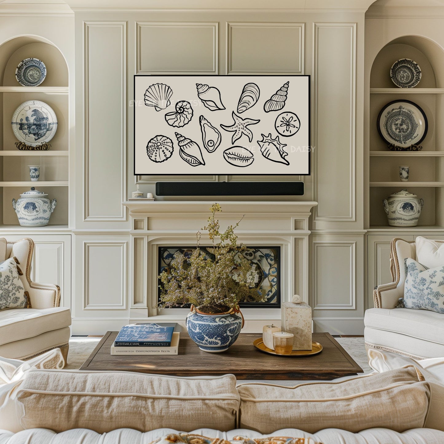 Neutral Black Beige Shells Sketch 4K TV Art | Boho Modern Coastal TV Artwork 4K