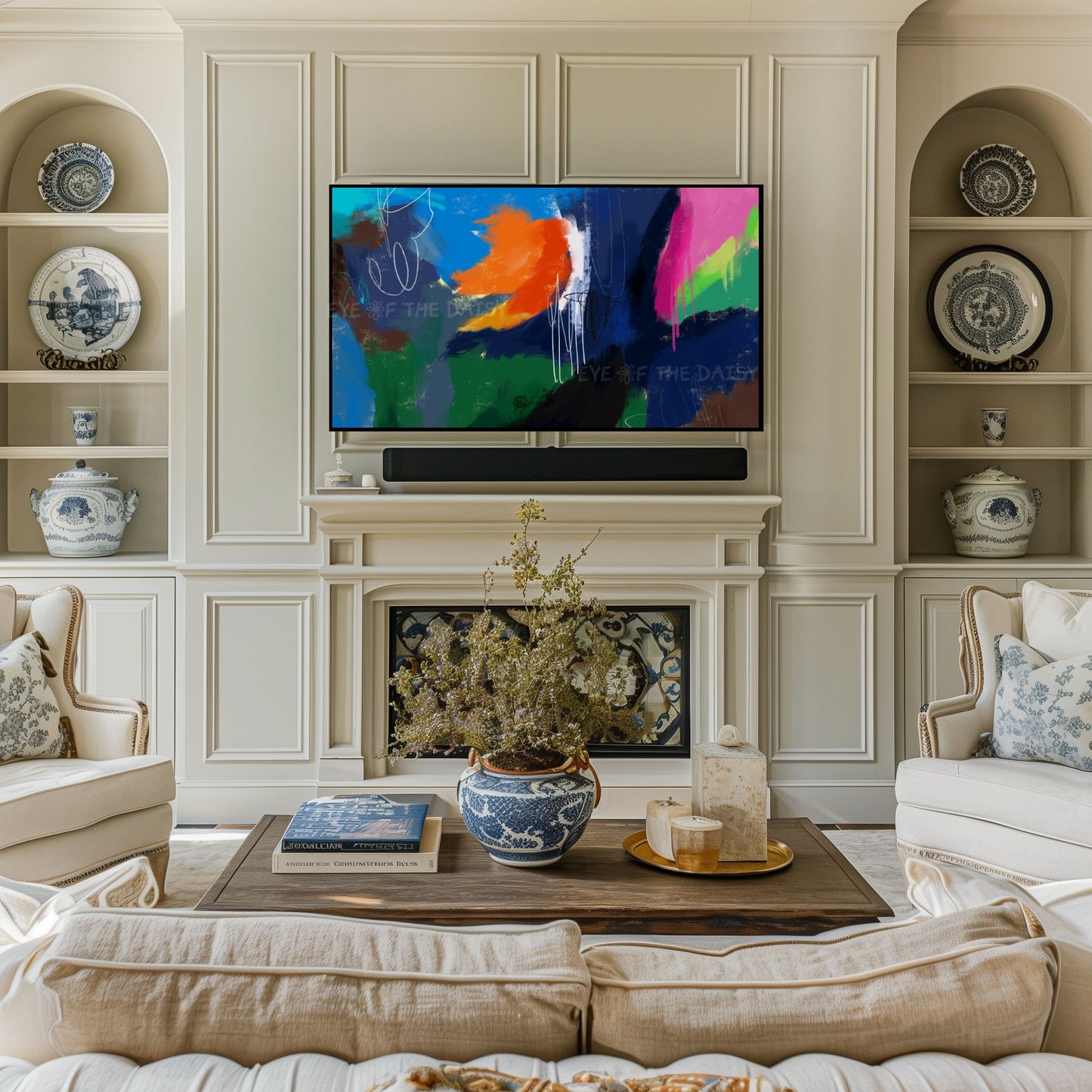 Navy Blue Orange Colourful Abstract Expressionist 4K TV Art | Digital Oil Painting TV Art 4K