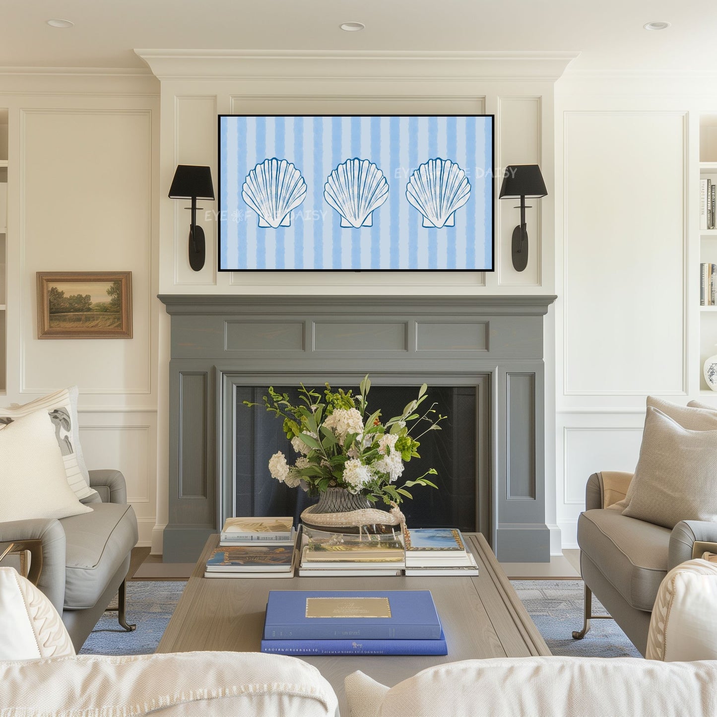 Striped Blue Shells 4K TV Art | Pale Blue Hamptons Coastal 4K Art for TV Screen