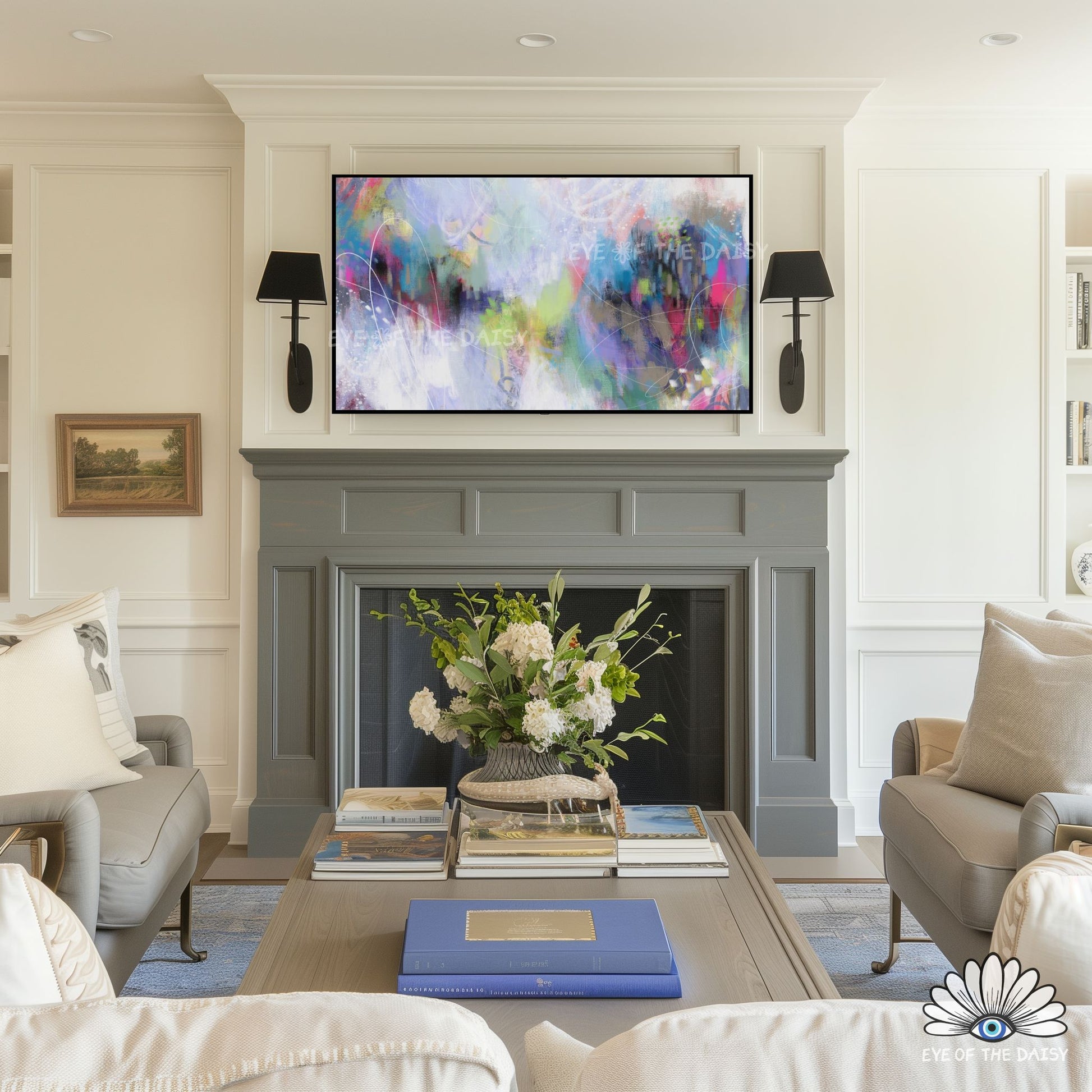 Contemporary 4K TV wall decor featuring organic brush textures and layered abstract painterly design