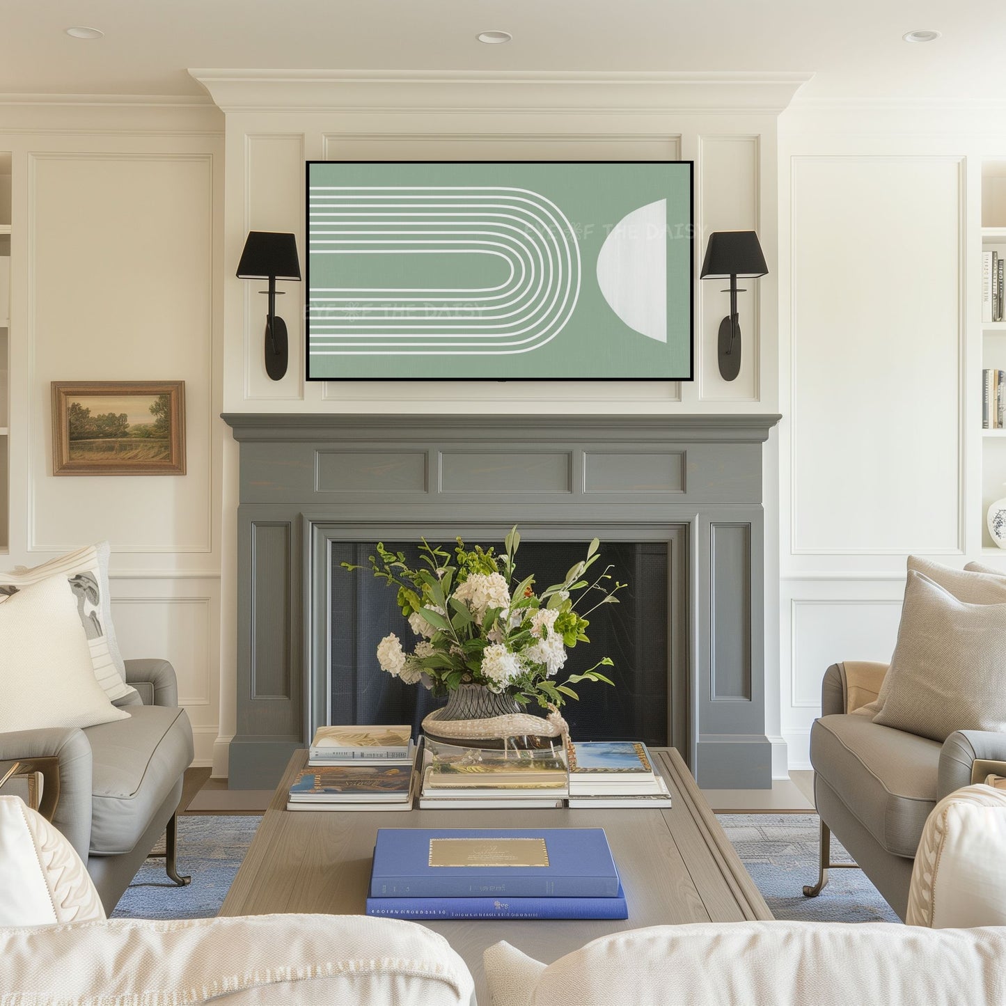 Sage Green Mid Century Modern 4K TV Art | Sage Green Minimal Arch Art for TV Screen