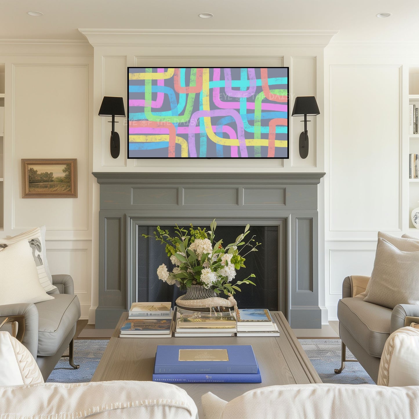 Modern pastel abstract line TV art, 4K TV screensaver art for Scandi and mid century modern homes