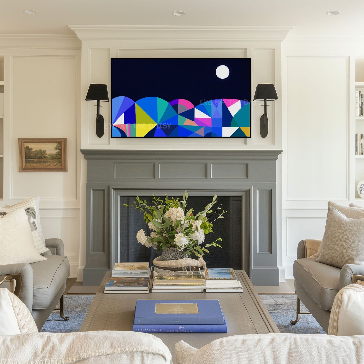 Navy Blue & Colourful Abstract Moonlit Landscape 4K TV Art | Geometric Art for TV Screen