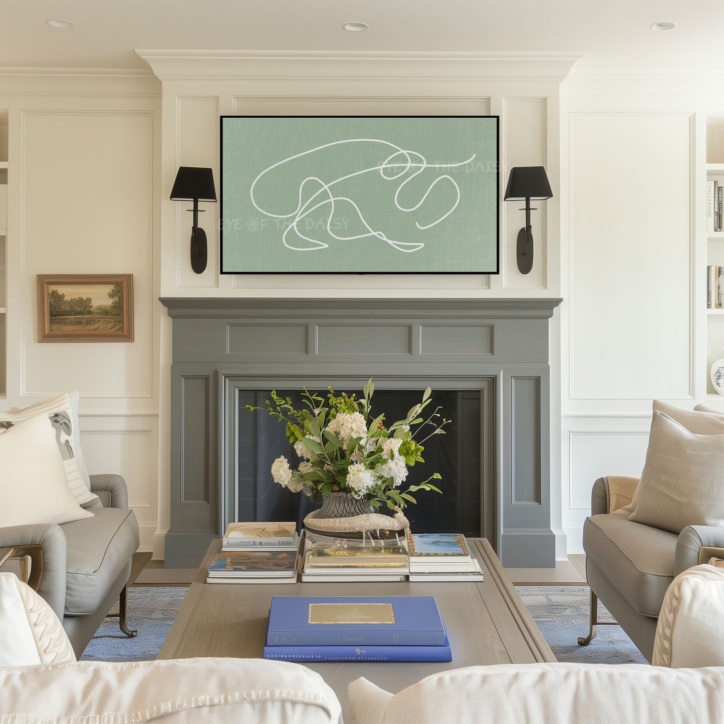 Sage Green White Minimal Scribble 4K TV Art | Boho Abstract Line Art for TV Screen