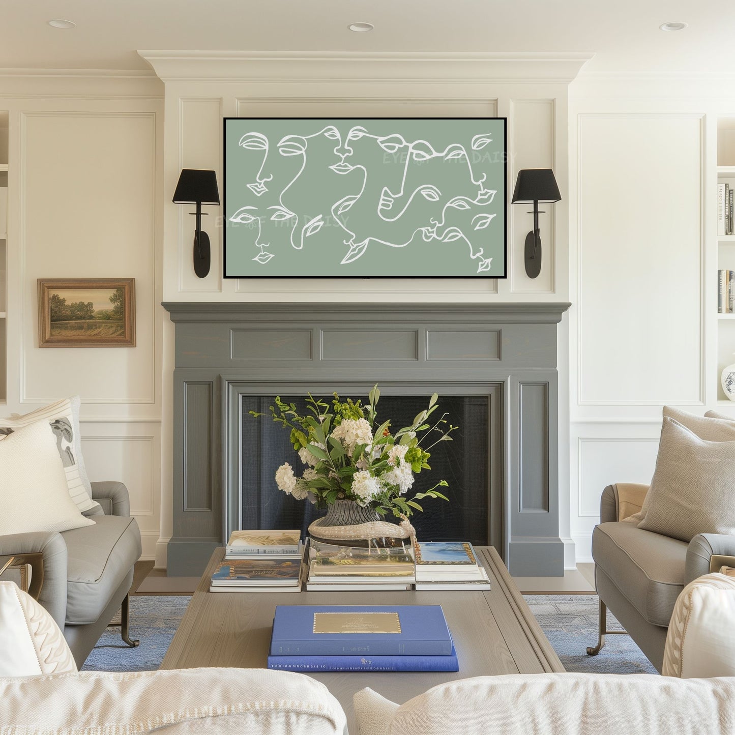 Sage Green Abstract Face 4K TV Art | Minimalist Boho Face Line 4K Art for TV Screen