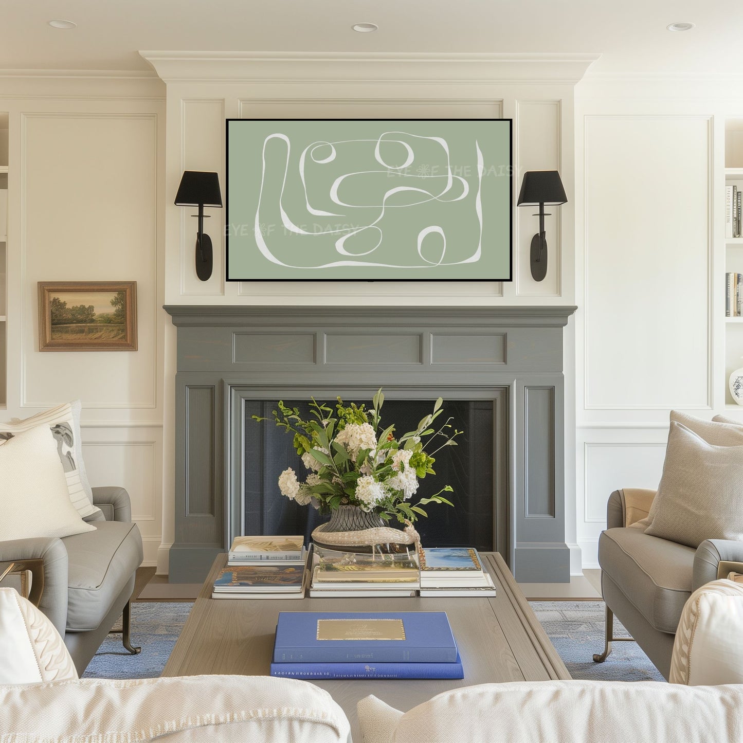 Sage Green Minimal Line Drawing 4K TV Art | Modern Boho Abstract TV Art 4K