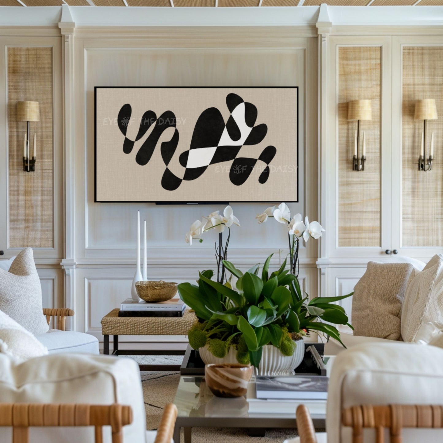 Black Beige Contemporary Abstract 4K TV Art | Modern Organic Shape Art for TV Screen