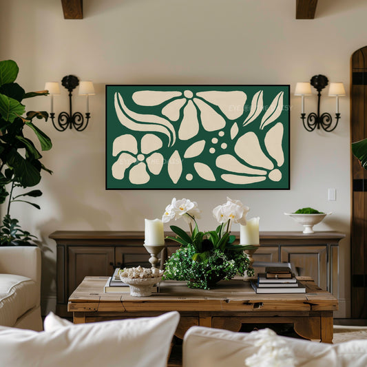 Forest Green & Beige Abstract Floral 4K TV Art | Eclectic Scandi Botanical TV Art 4K