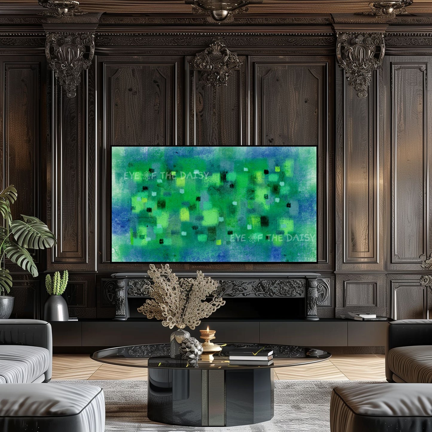 Vibrant Green Blue Abstract Expressionist 4K TV Art | Bright Contemporary Digital Painting