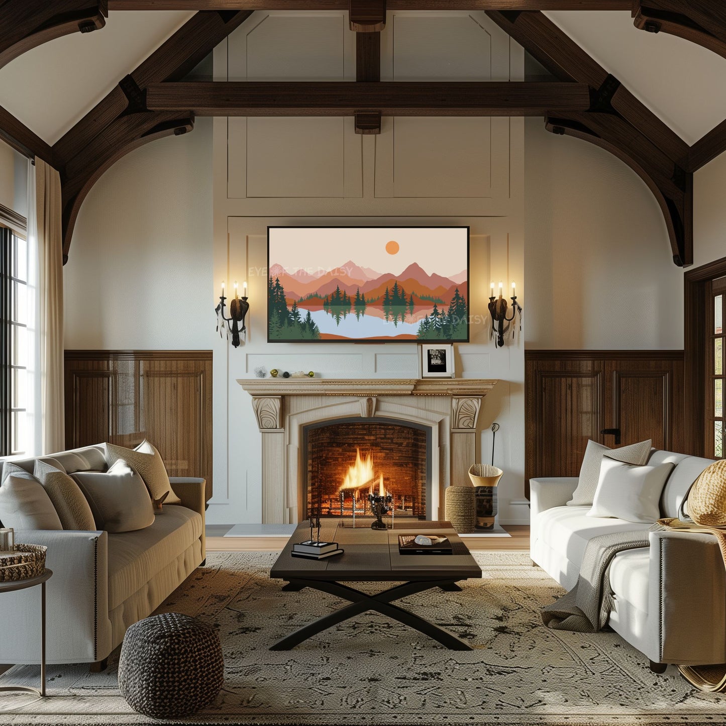 Boho Abstract Landscape 4K TV Art | Mid Century Modern Mountains Lake 4K TV Art