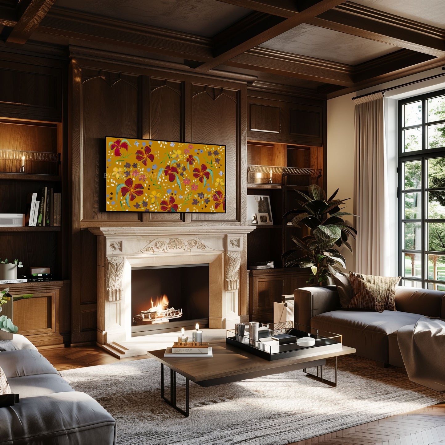 Mustard Yellow Maroon Abstract Floral 4K TV Art | Gold Flower Pattern 4K Art for TV Screen