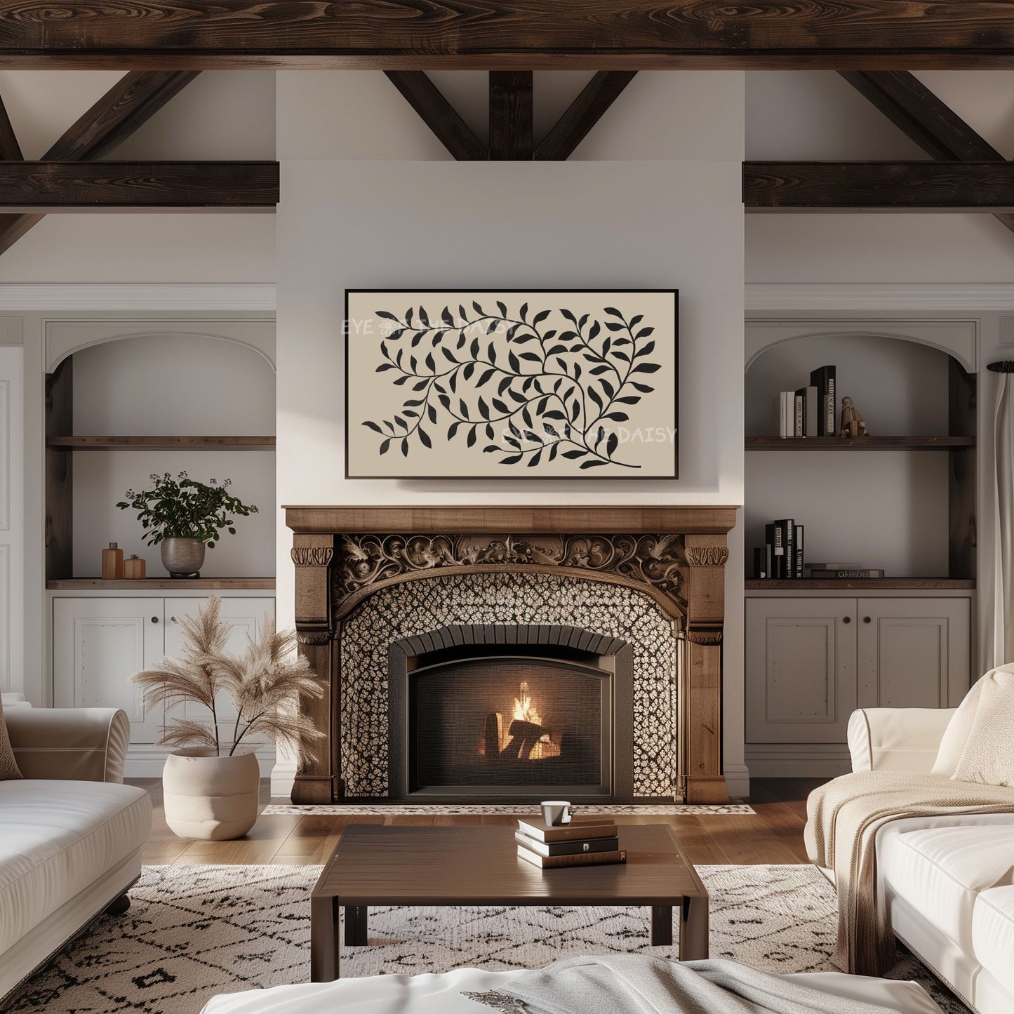 Black Beige Abstract Leaf 4K TV Art | Boho Botanical 4K Art for TV Screen