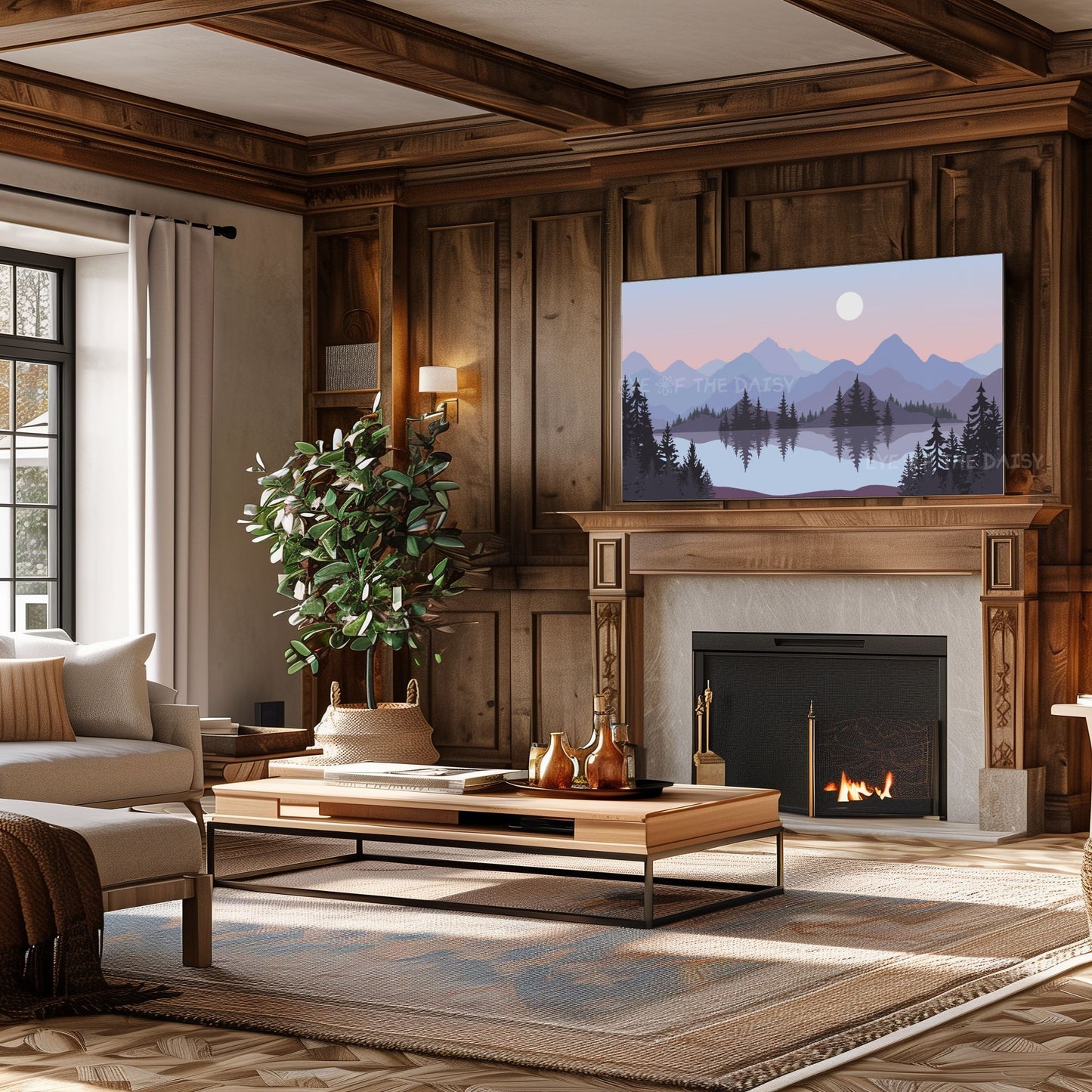 Lilac Blue Peach Landscape TV Art 4K | Mid Century Modern Mountain Lake Trees TV Art