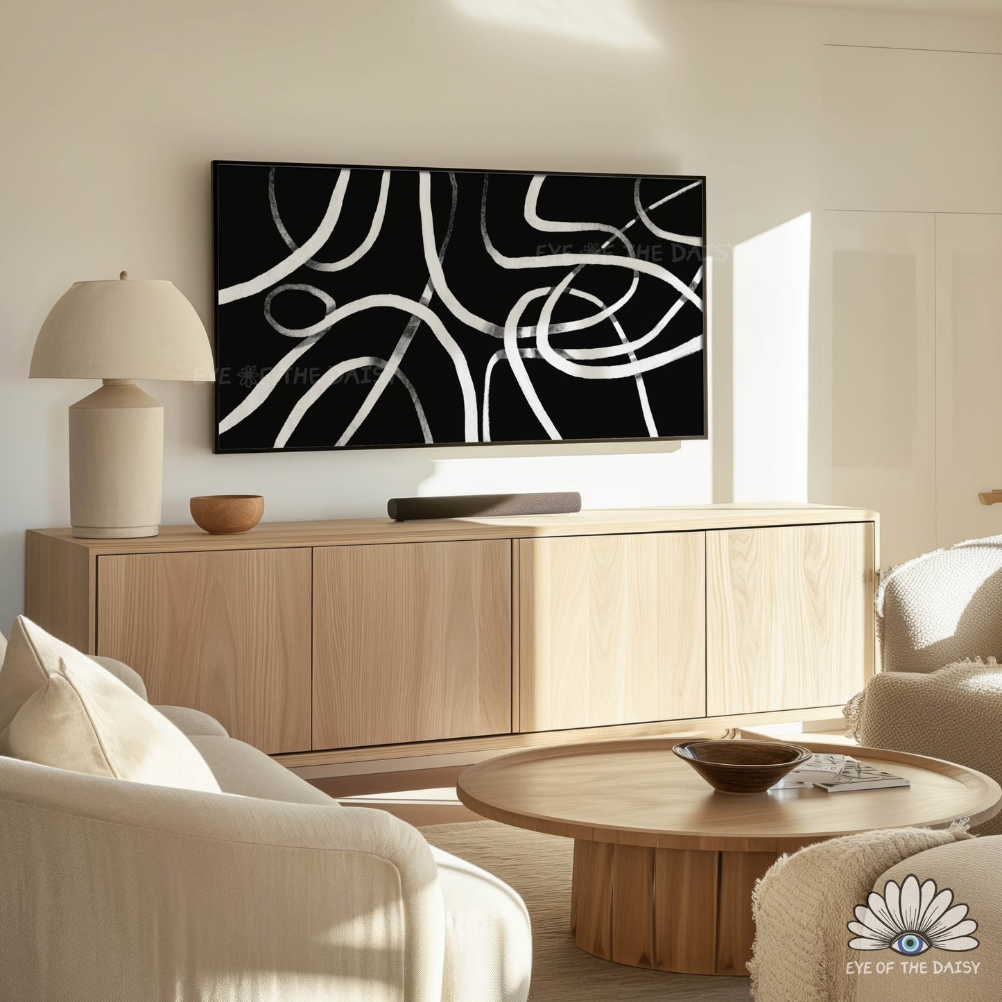 Contemporary black and white abstract line art, TV art for 4K screen and 4K art for TV screen, eclectic decor